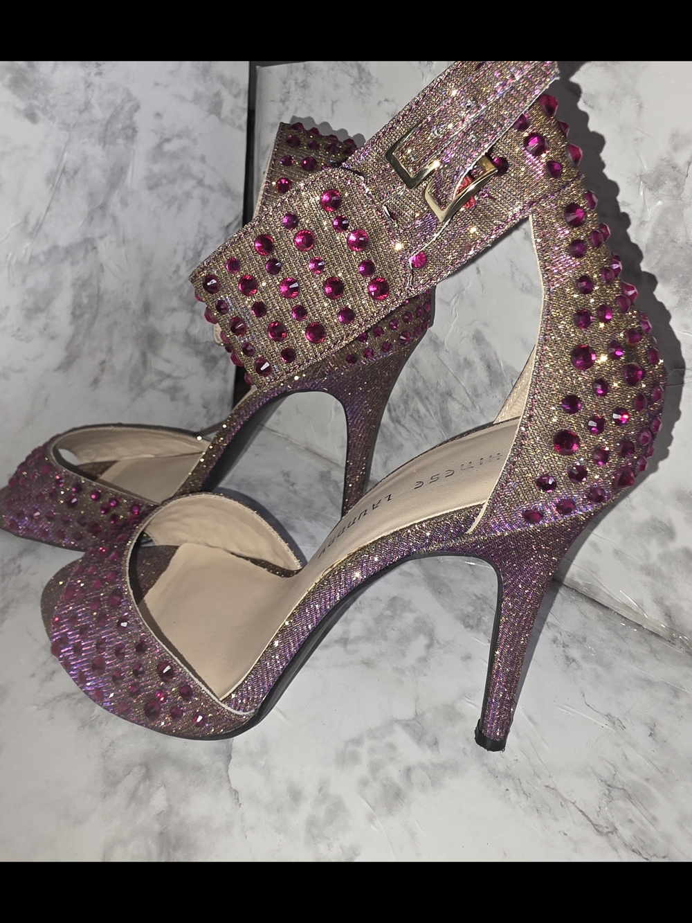 Chinese Laundry Pink Rhinestone Ankle-Strap High Heels